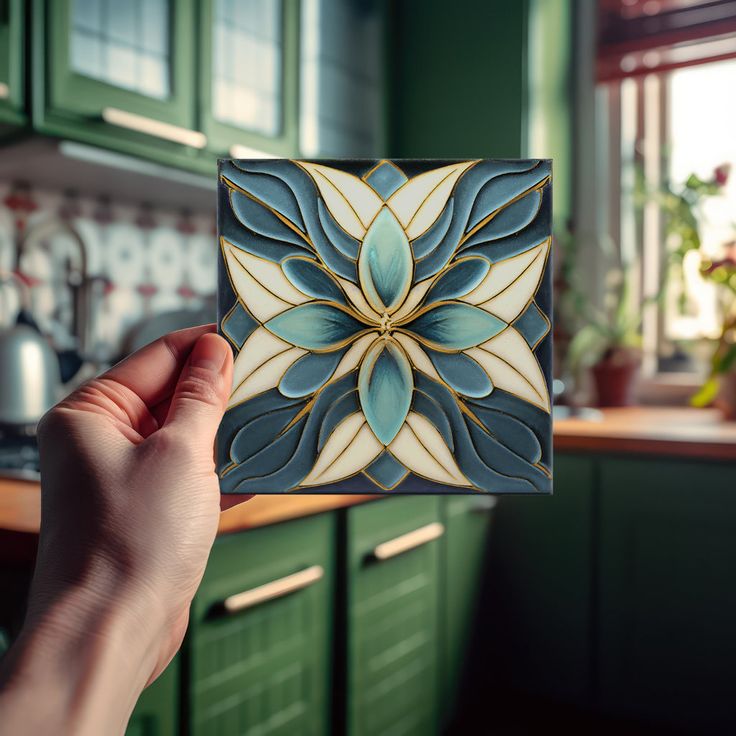 a hand holding up a decorative tile in a kitchen with green cabinets and countertops