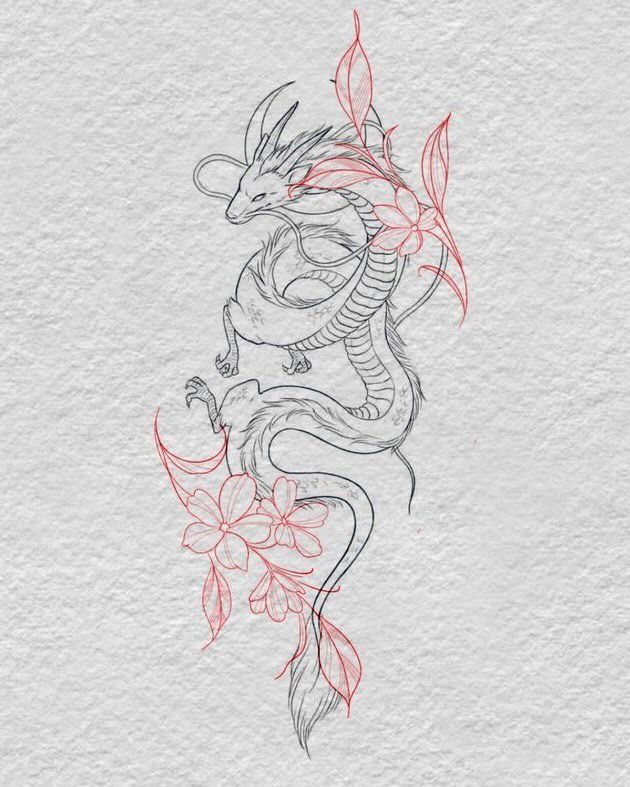 a drawing of a dragon with flowers on it