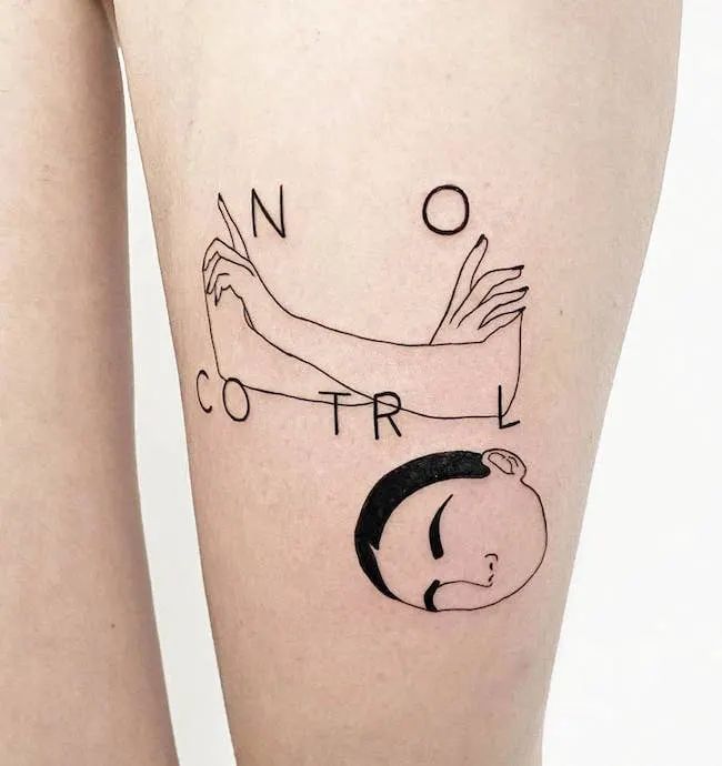 a woman's leg with a tattoo on it that reads no control, and an image of a sleeping man