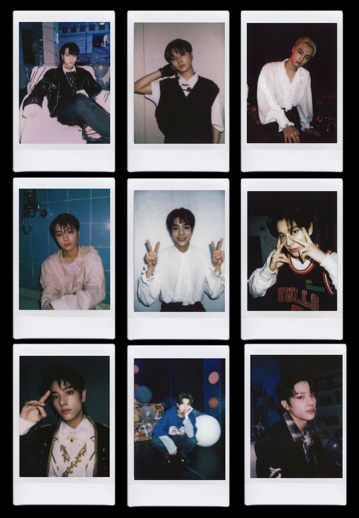 nine polaroid photos of young men in different poses and styles, all showing the same person's hand gestures