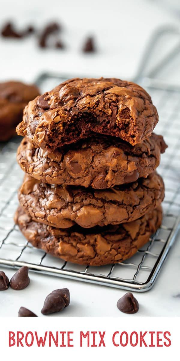 chocolate cookies stacked on top of each other with the words brownie mix cookies above them