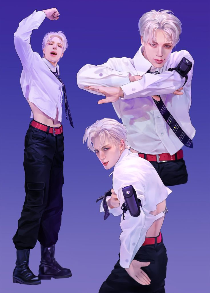 three different poses of an anime man in white shirt and black pants