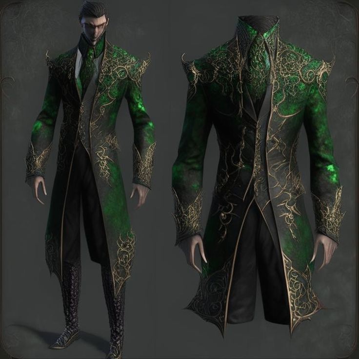 an image of a man in a green coat and black pants with gold details on it