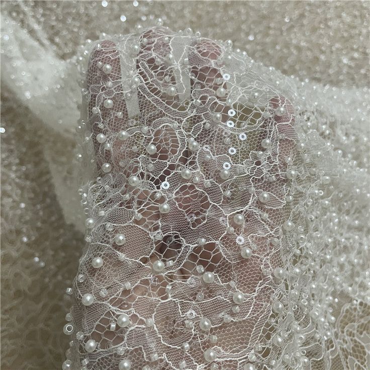 Lace Bottom Studded Sequin Lace Fabric - Wnkrs Wedding Dress French, French Chantilly Lace, Bead Lace, Beads Embroidery, Beaded Lace Fabric, Bridal Wedding Dress, Pearl And Lace, Canvas Pillow, Wedding Fabric