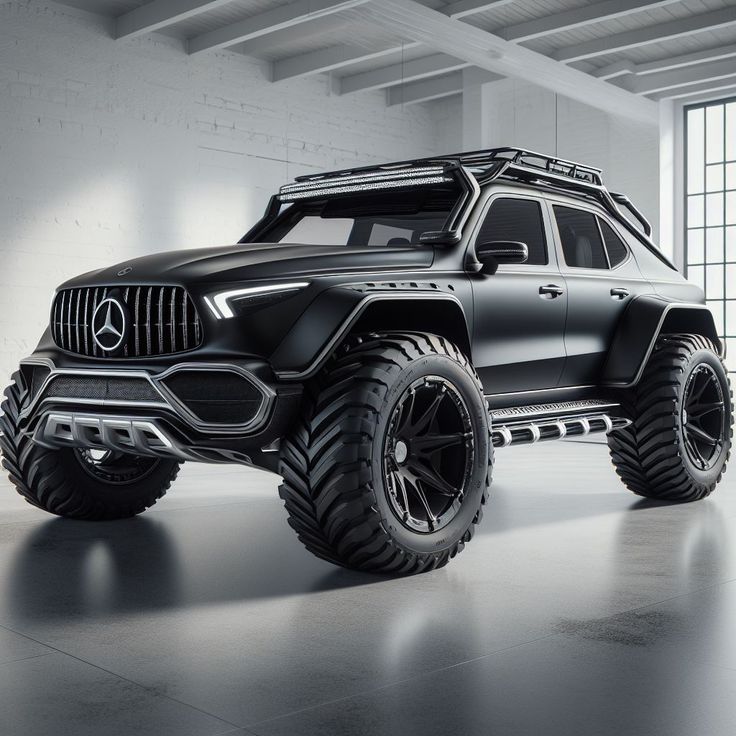 a black mercedes benz monster truck parked in an empty room with windows on the side