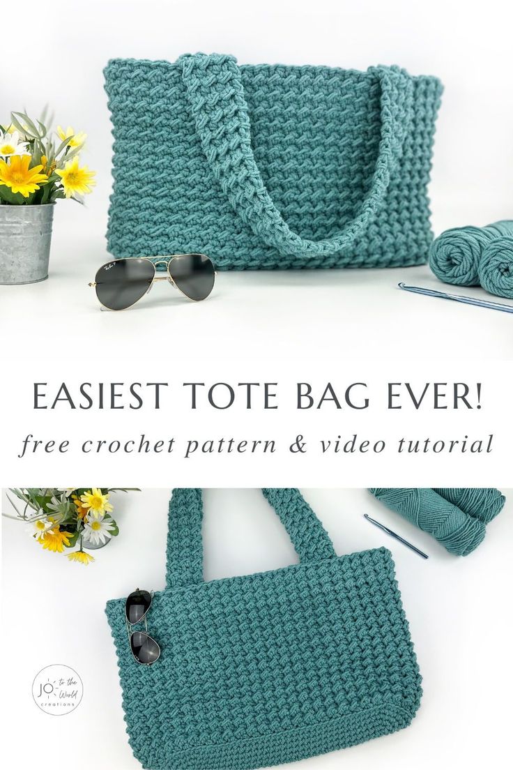 the crochet tote bag is made with yarn