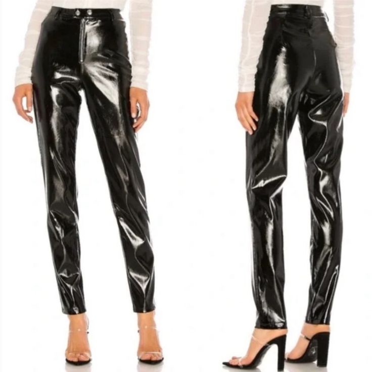 Pleather Pants Sleek Leather Pants For Going Out, Chic Tapered Leg Leather Pants, Trendy High Rise Leather Pants For Party, Chic High Rise Leather Pants For Night Out, Sleek High Rise Leather Pants For Night Out, Fitted Leather Bottoms For Date Night, Sleek High Waist Leather Pants For Going Out, Sleek High-waist Leather Pants For Going Out, Sleek High Waist Leather Pants For Spring