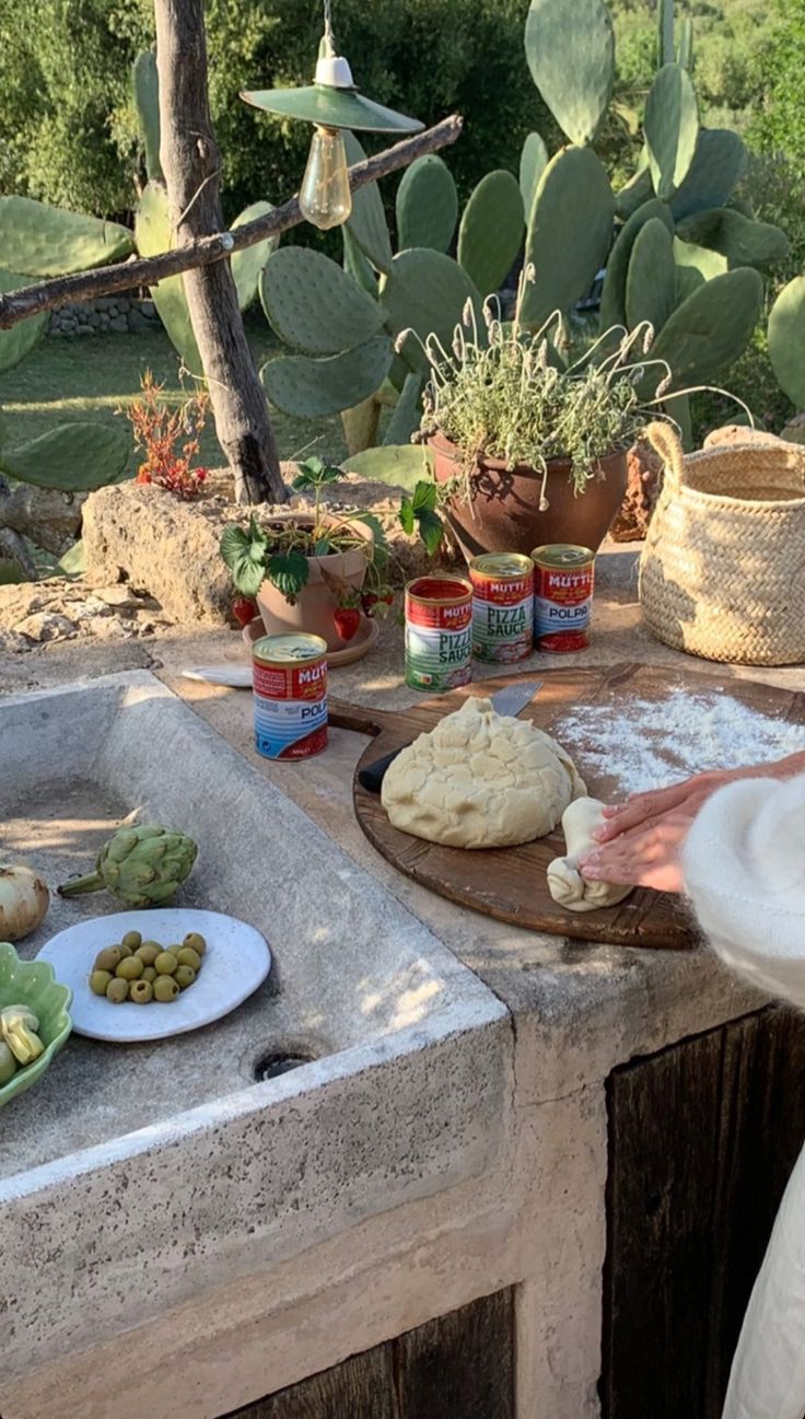 an outdoor table with food and plants on it