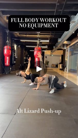 two people doing push ups in a gym with the words full body workout no equipment