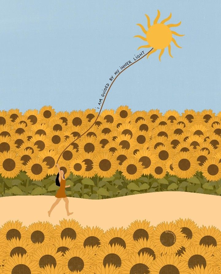 a person flying a kite over a field of sunflowers