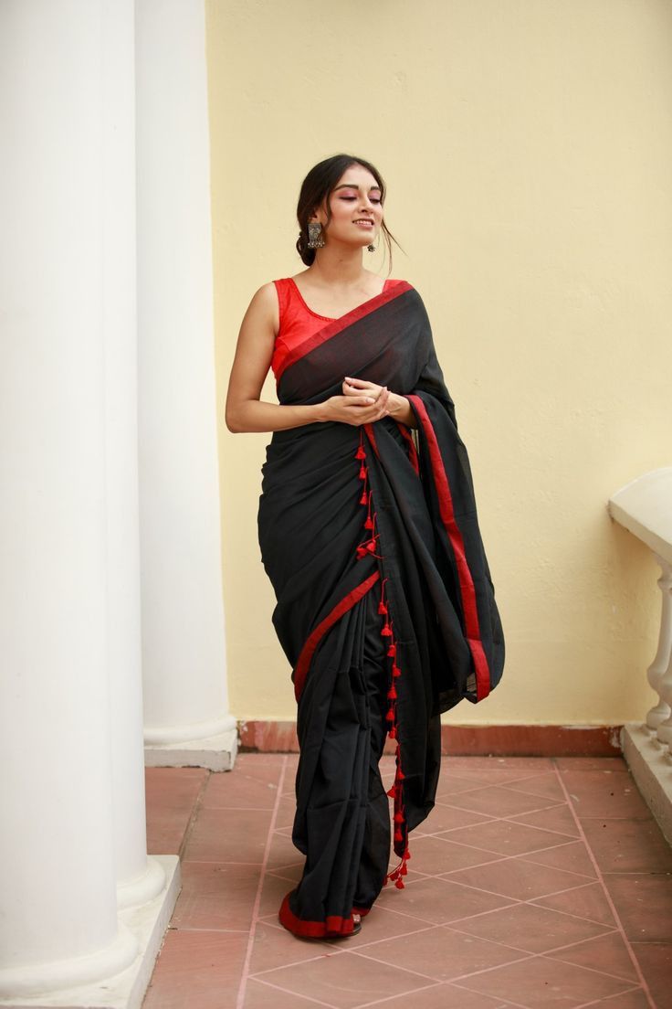 Black Saree Red Blouse Combination, Red Black Saree Look, Black Saree With Red Blouse, Red Saree With Black Blouse, Red And Black Saree, Black And Red Saree, Red Blouse Design, Black Cotton Saree, Black And White Saree