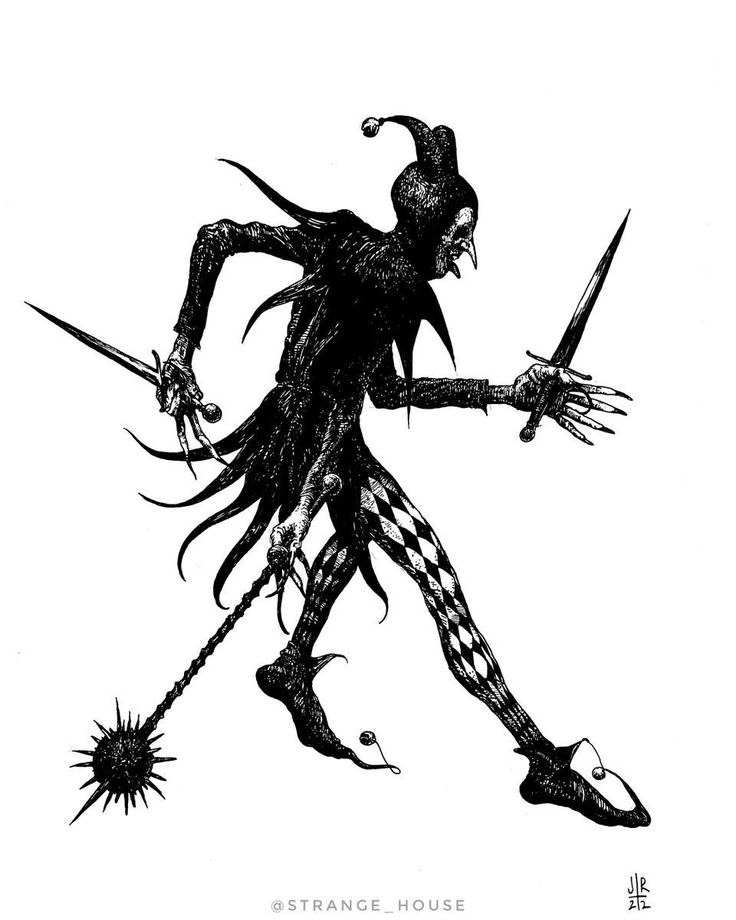 a black and white drawing of a demon holding two swords in one hand, with spikes on the other