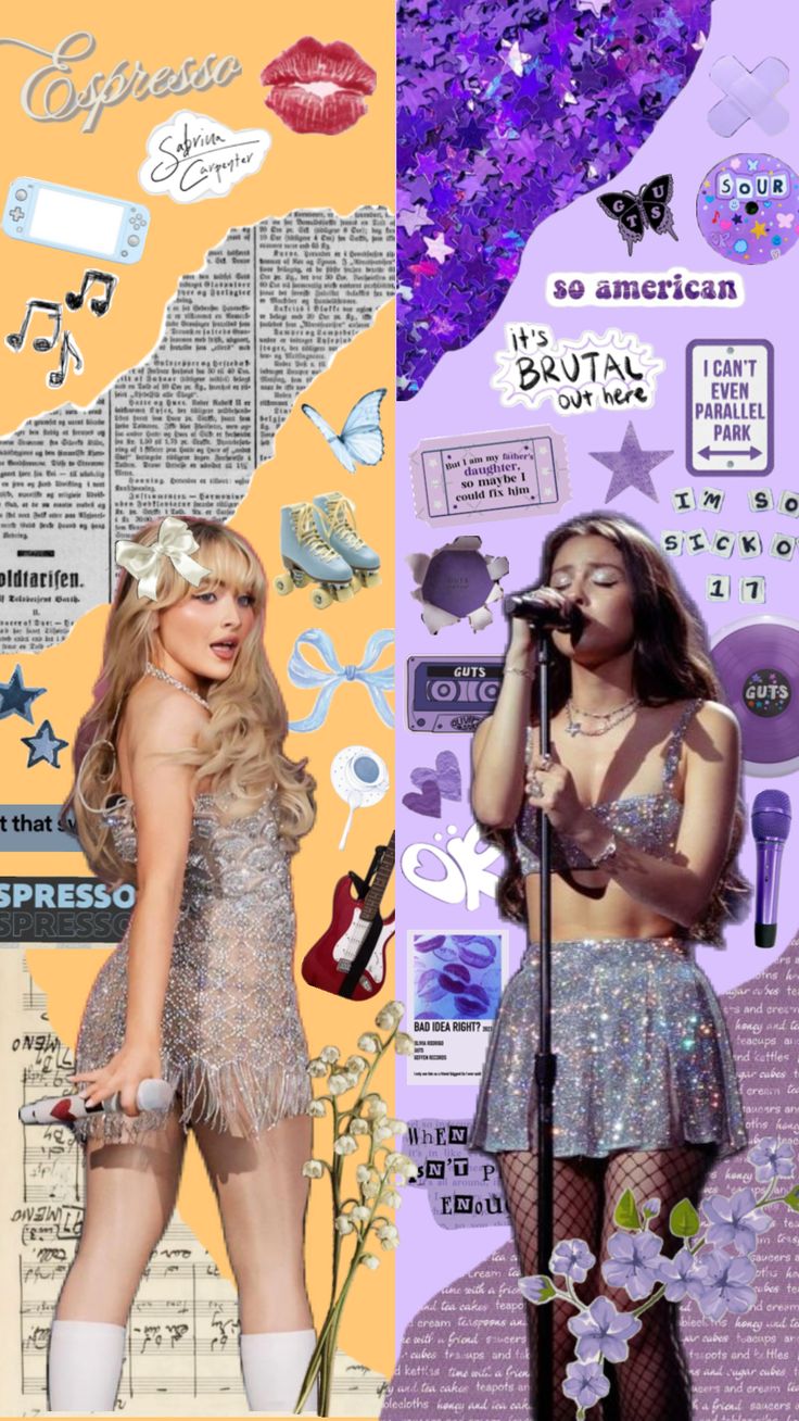 two collages with images of women in different outfits, one has a microphone and the other is singing