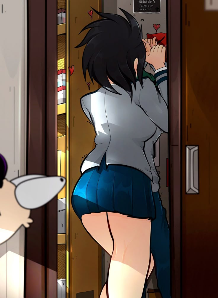 an anime character is looking in the mirror with her back to the camera, while another person looks on