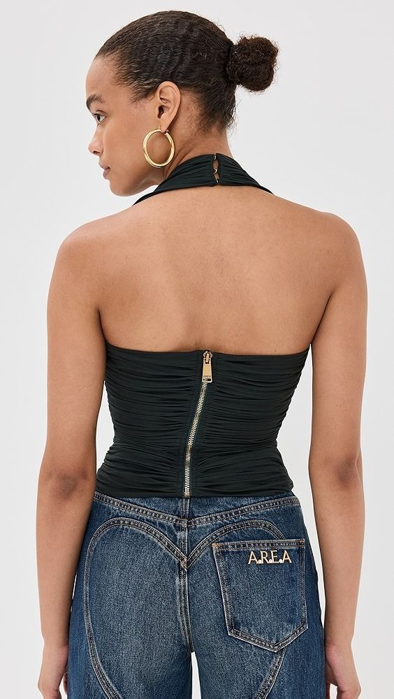 Area Heart Ruched Halter Top | Shopbop Sleeveless Ruched Back Top, Sleeveless Elastane Top With Ruched Back, Chic Fitted Halter Top With Ruched Back, Ruched Halter Top For Night Out, Chic Ruched Halter Neck Tops, Fitted Tank Top With Zipper Closure, Chic Ruched Halter Neck Tank Top, Fitted Ruched Sleeveless Halter Top, Sleeveless Top With Ruched Back