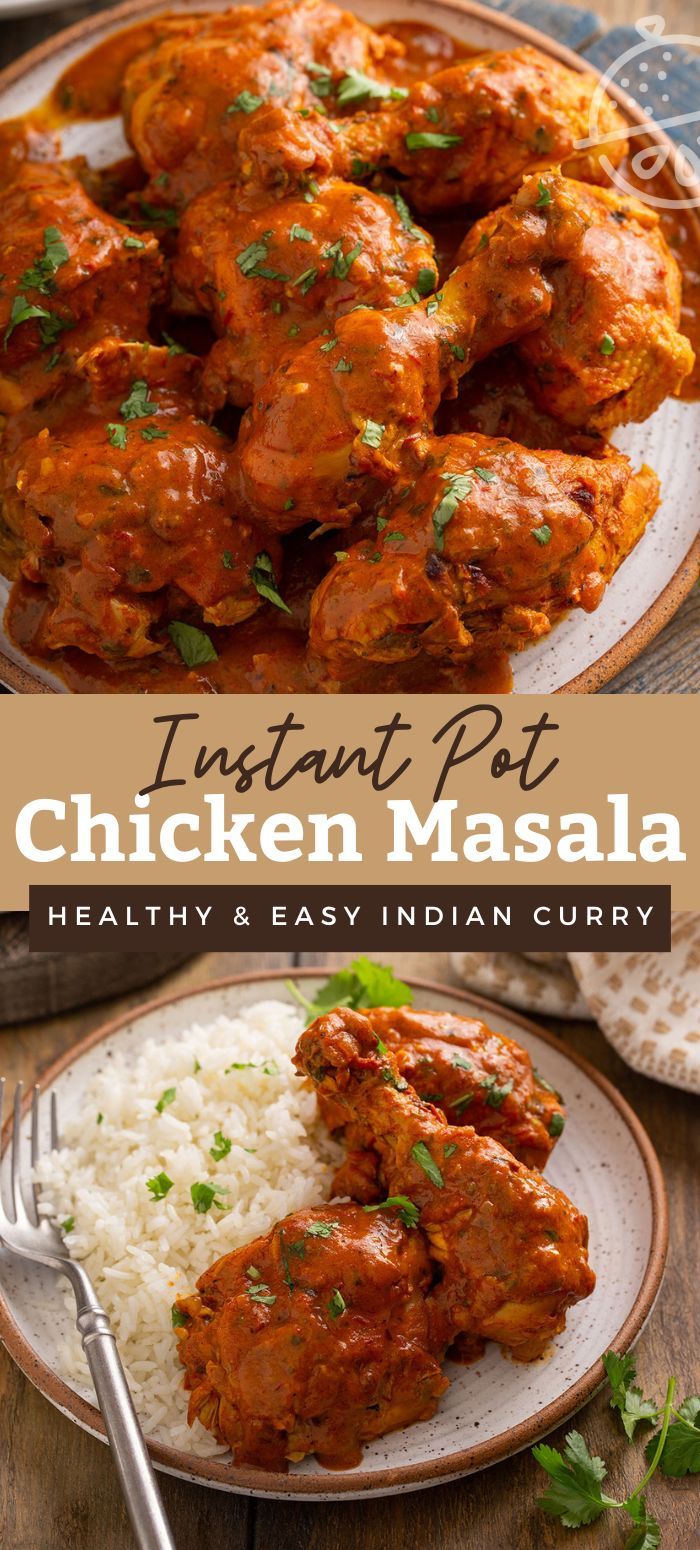 chicken masala on a plate with rice and cilantro