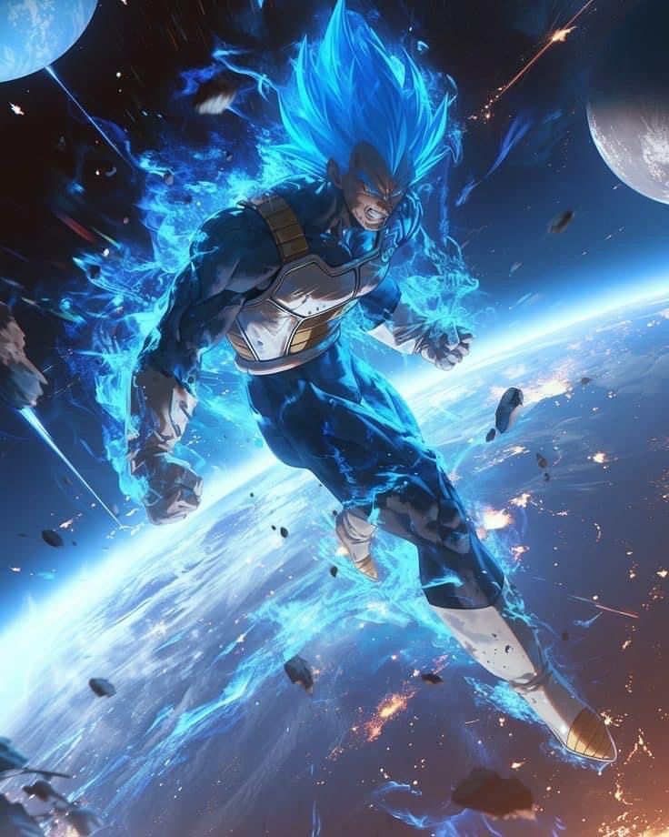 a man with blue hair flying through the air over a space filled with stars and planets