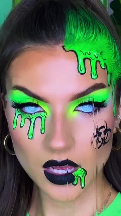 Slime Makeup Look, Toxic Halloween Costume, Toxic Makeup Halloween, Toxic Waste Costume, Toxic Waste Makeup, Glow In The Dark Halloween Makeup, Neon Goth Makeup, Radioactive Makeup, Toxic Costume