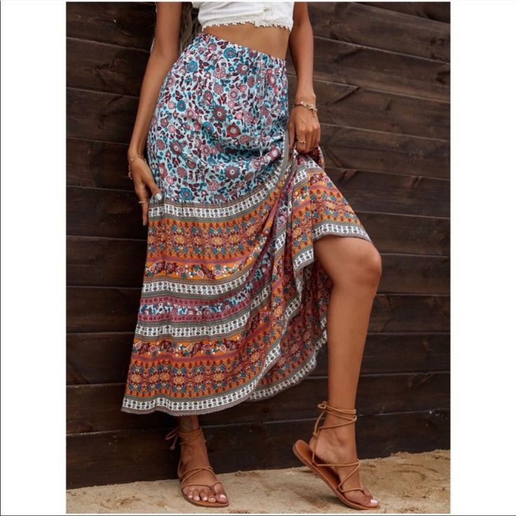 Bohemian Floral Maxi Skirt S M L Xl, 100% Poly, Ships In 7-8 Days Hippie Boho Print Maxi Skirt For Vacation, Vacation Hippie Maxi Skirt With Boho Print, Hippie Floral Print Maxi Skirt For The Beach, Bohemian Beach Maxi Skirt With Floral Print, Bohemian Maxi Skirt With Floral Print For Beach, Bohemian Floral Print Maxi Skirt For Beach, Boho Print Long Skirt For Vacation, Bohemian Maxi Skirt For Vacation With Lined Skirt, Bohemian Vacation Lined Maxi Skirt