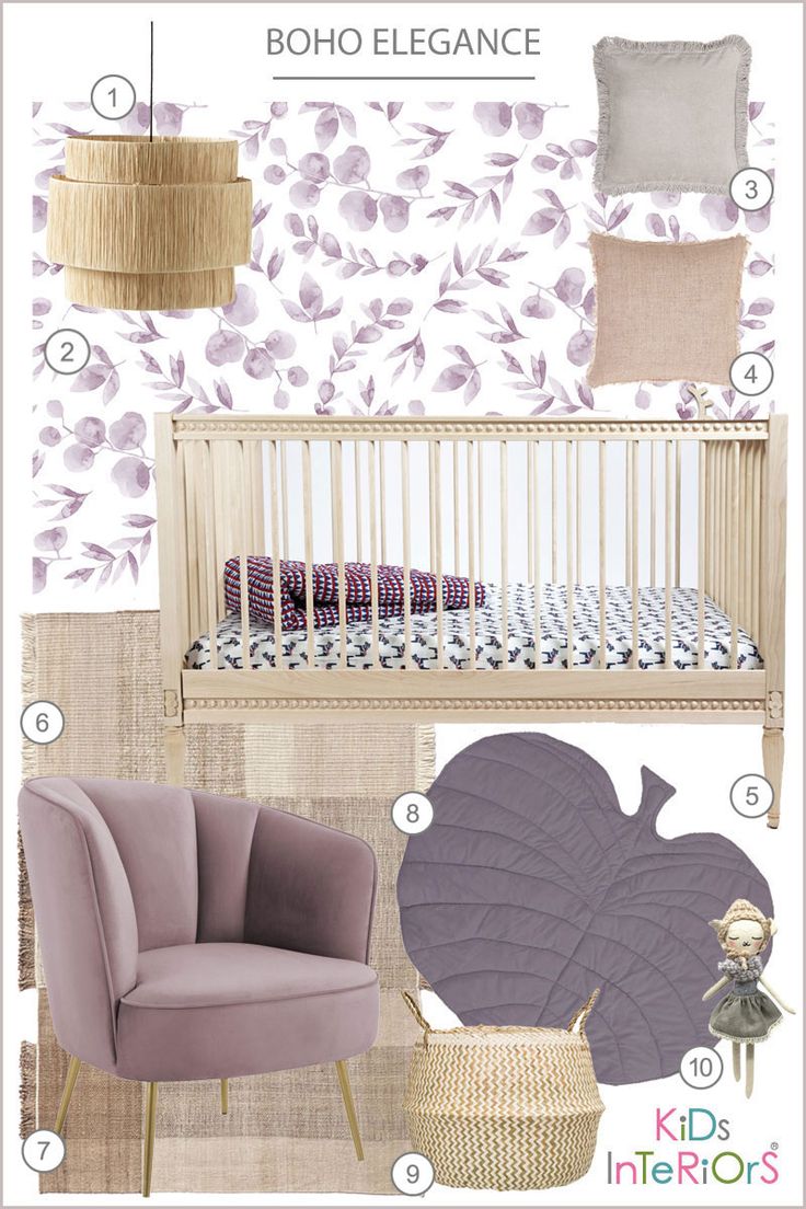 a baby's nursery room with purple and white decor, including a crib