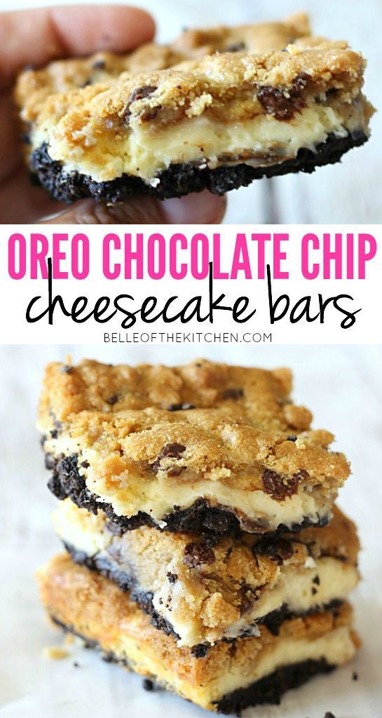 oreo chocolate chip cheesecake bars stacked on top of each other with the title above it