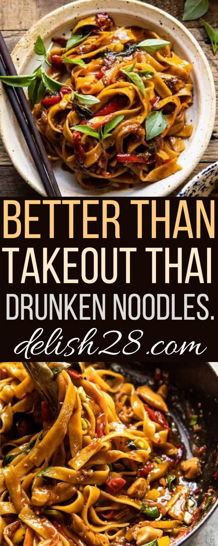 two plates with noodles in them and the words, better than take out that drunken noodles