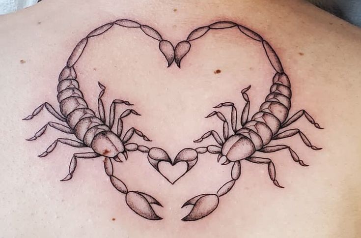 a heart shaped scorpion tattoo on the back of a man