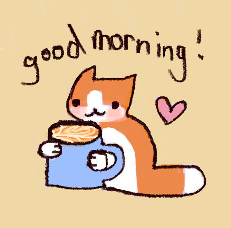 an orange and white cat is holding a coffee cup with the words good morning on it