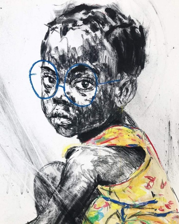 a drawing of a boy with glasses and a yellow t - shirt, looking at the camera