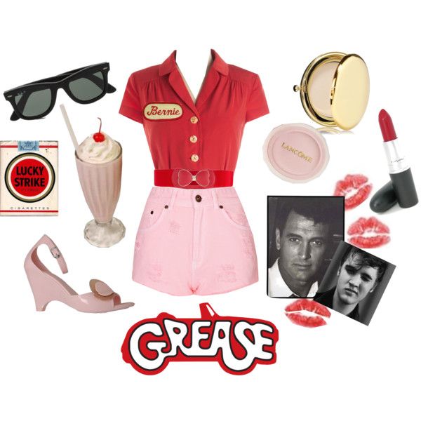 a woman's clothing and accessories are arranged on a white background with the words grease written in red