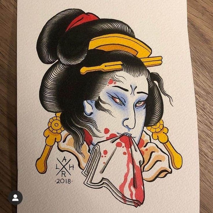 a drawing of a geisha woman with blood on her face