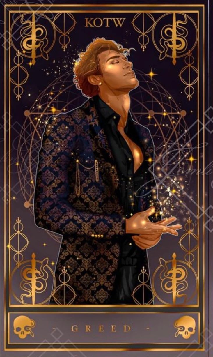 a card with an image of a man in a black suit and gold trimmings