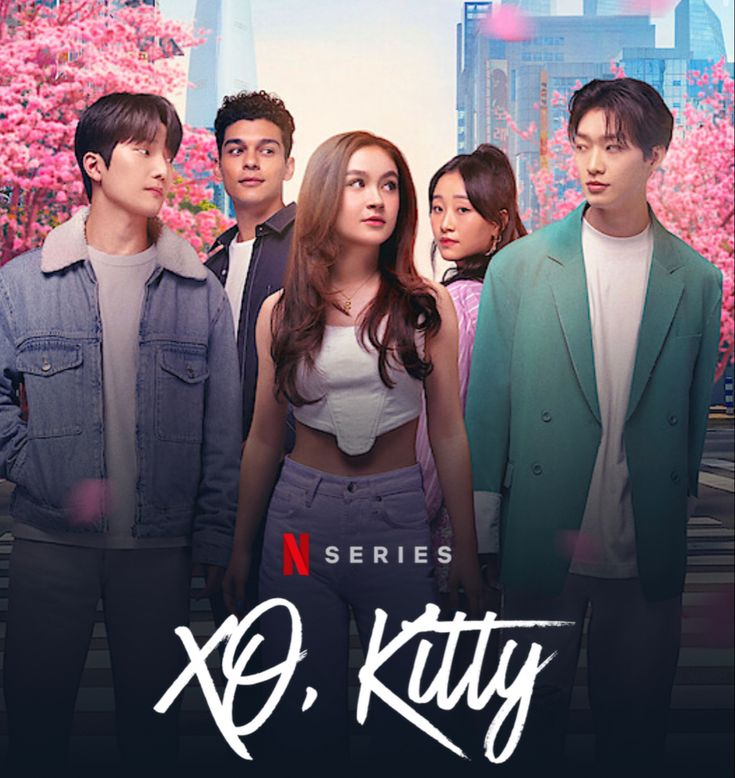 the poster for netflix's xo, kitty starring actors in front of cherry blossom trees