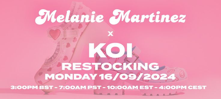 a pair of pink shoes with the words koi restocking monday 16 / 09 / 24