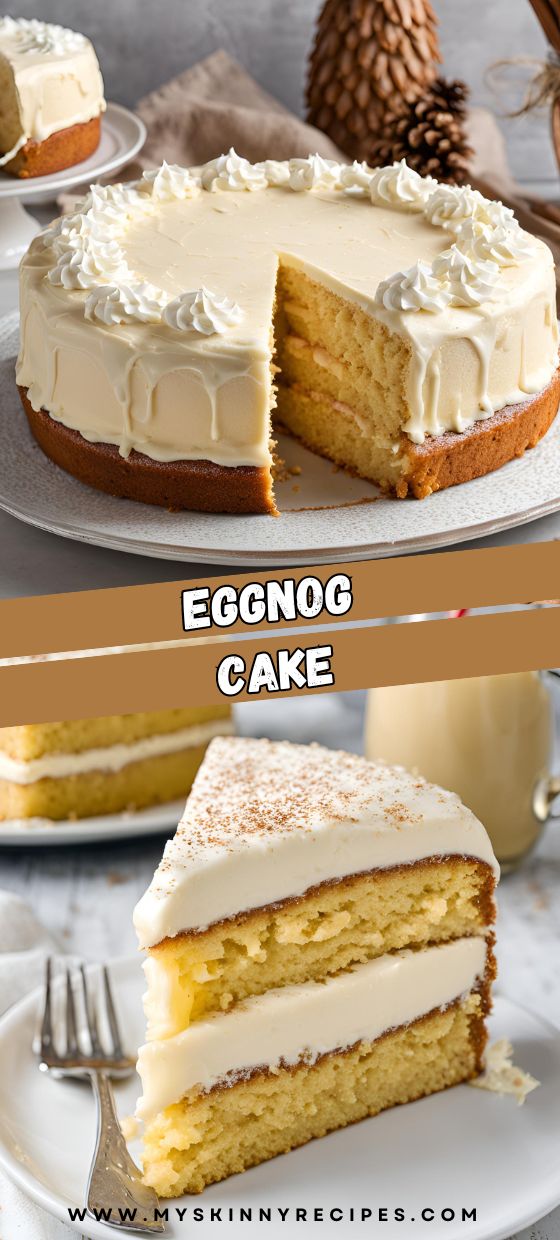 🎄 Indulge in the festive flavors of the season with this delightful Eggnog Cake! Moist and tender cake layers infused with rich eggnog and warm spices, topped with creamy eggnog frosting. Perfect for holiday gatherings and sure to impress your guests! #myskinnyrecipes #EggnogCake #HolidayBaking #ChristmasDesserts #FestiveTreats 🍰 Eggnog Cake Pops, Spiced Eggnog Cake, Egg Nog Cake Recipes, Eggnog Recipes Desserts, Egg Nog Cheesecake Recipe, Eggnog Bars, Eggnog Pound Cake Recipe, Eggnog Cake Recipe, Eggnog Frosting