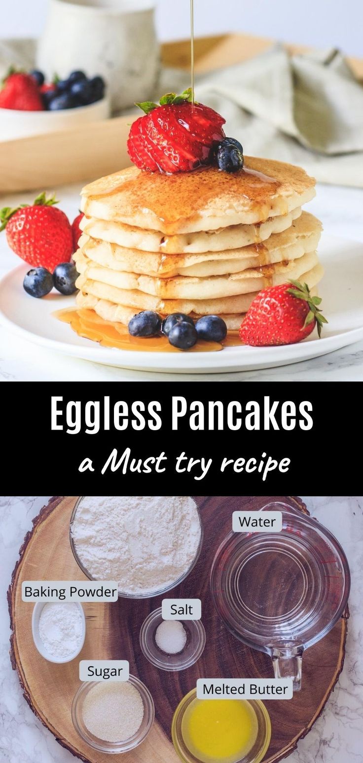 eggless pancakes with berries and other ingredients on a plate, next to the recipe