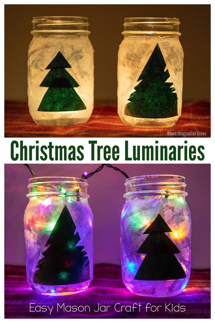 two mason jars with christmas tree luminaries in them and the words easy mason jar crafts for kids