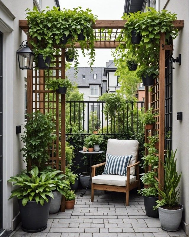 an outdoor patio with potted plants and a chair in the middle, surrounded by greenery