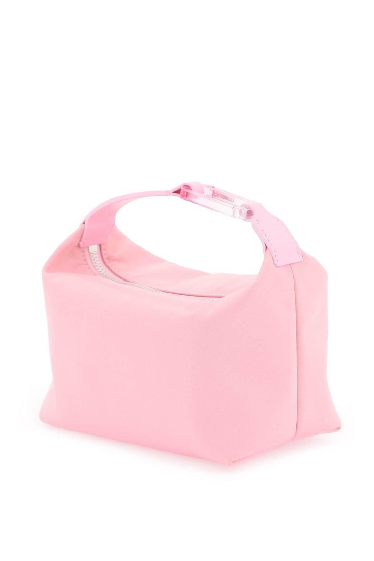 Mini Moon bag by Eéra crafted in cotton-blend satin with single top handle in smooth leather enriched by the iconic semi-transparent snap hook in degradé shades with engraved logo. Top zip closure in silver-finished metal, suede fabric lining. Supplied with spare snap hook. Luxury Top Handle Cosmetic Bag For Shopping, Modern Pink Pouch Box Bag, Modern Pink Box Bag With Top Carry Handle, Elegant Top Handle Nylon Bags, Elegant Nylon Top Handle Bags, Nylon Top Handle Bag With Detachable Handle, Trendy Top Handle Nylon Bag, Trendy Nylon Top Handle Bag, Modern Nylon Top Handle Bag