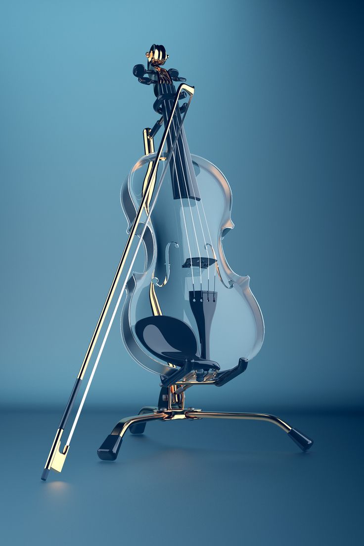 a violin sitting on top of a metal stand in the middle of a blue background