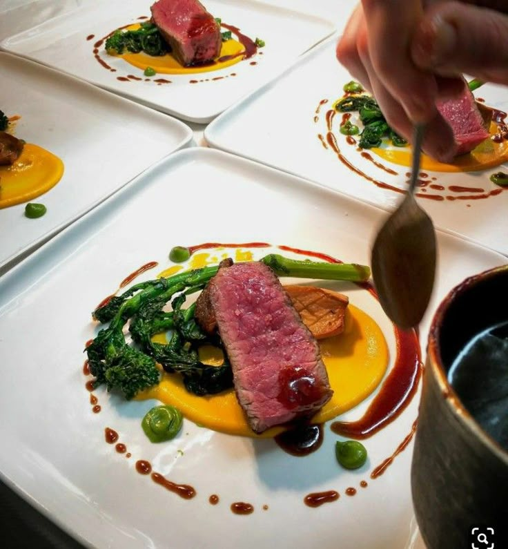 four plates with different types of food on them, one being spooned into sauce