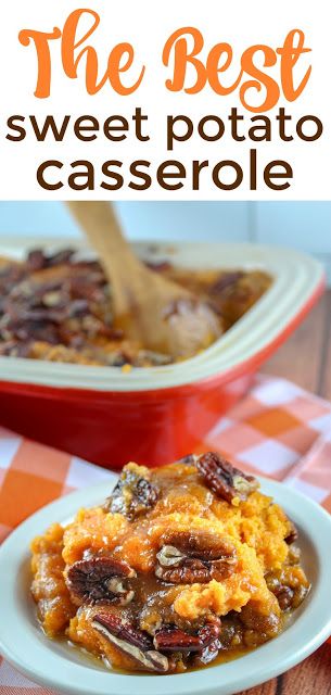 the best sweet potato casserole with pecans in it on a white plate