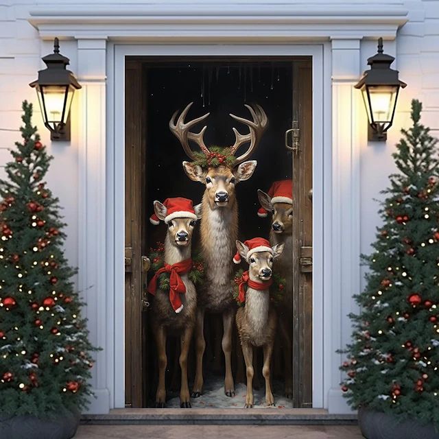 three reindeers wearing christmas hats are standing in front of a door decorated for christmas