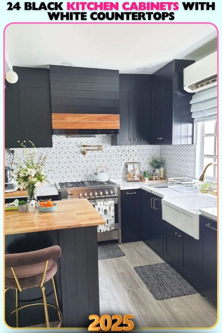 a kitchen with black cabinets and white countertops