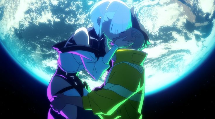 two anime characters standing in front of a large blue planet with the moon behind them