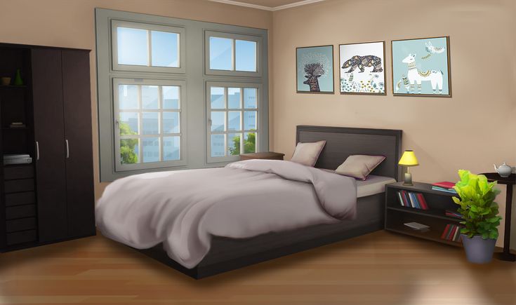 a bedroom with a bed, nightstands and two pictures on the wall above it