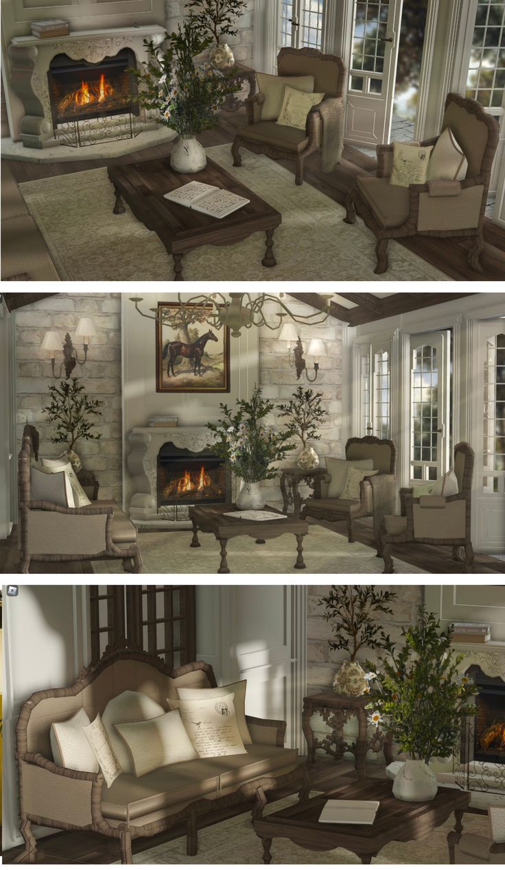 three different views of a living room with couches, chairs and a fire place