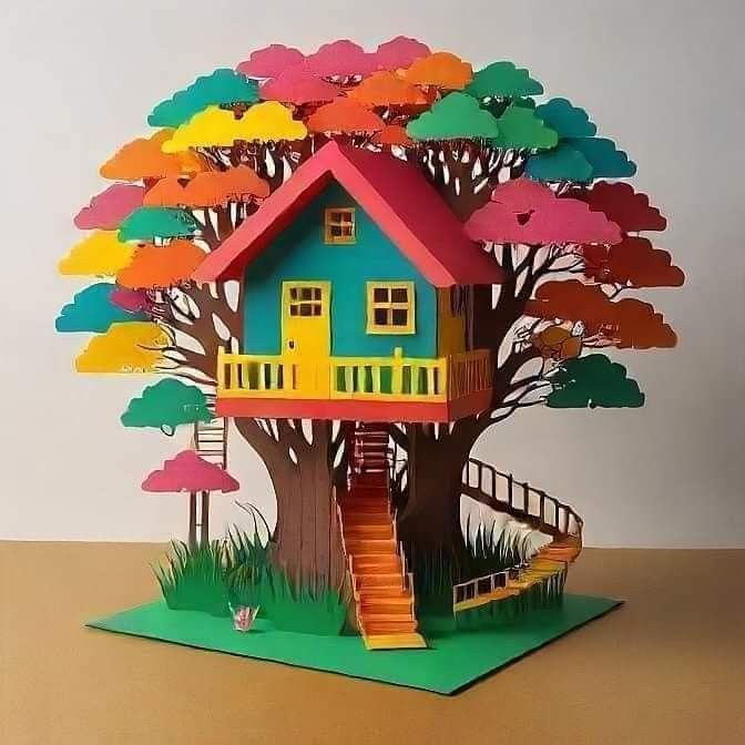 a card with a tree house on it and stairs leading up to the top floor