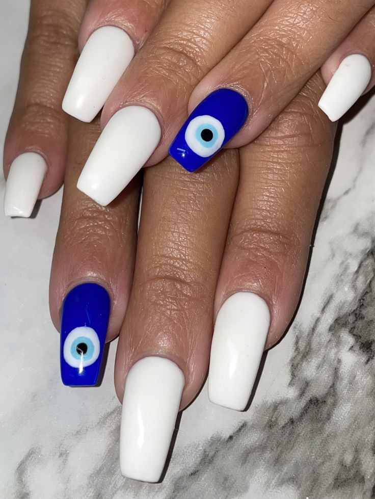 Greek Flag Nails, White Nails With Evil Eye, Turkish Nails Designs, Greek Nails Designs Blue, Nails Evil Eye Design, White Evil Eye Nails, Blue Nails Evil Eye, Mykonos Nails, Hamsa Nails