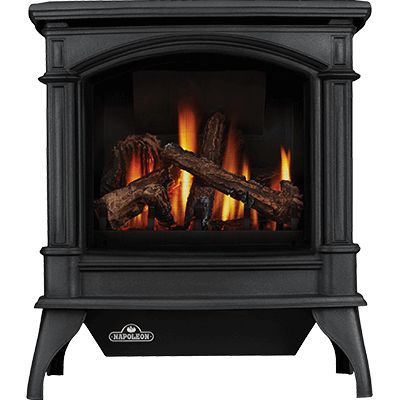 an electric fireplace with logs in the front and side burners on each side,